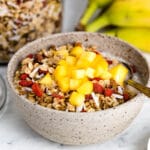 Chunky Granola Recipe Image - A bowl of chunky granola topped off with fruit served in a bowl