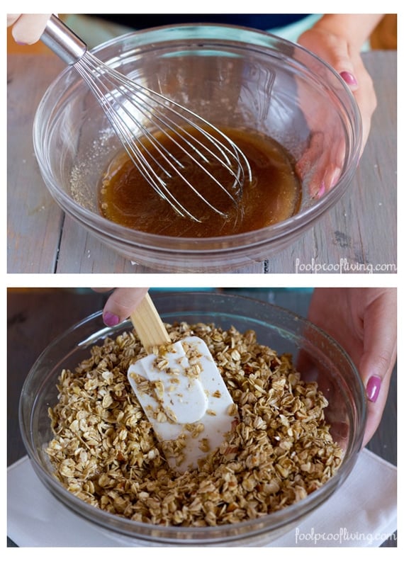 A woman is whisking ingredients for granola