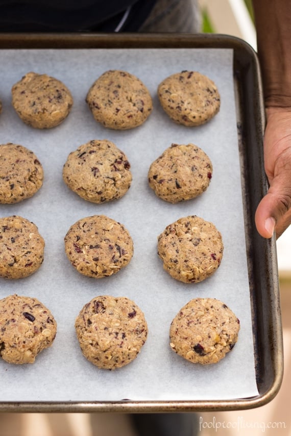 Oatmeal chocolate cookies on a sheet before they go into the oven