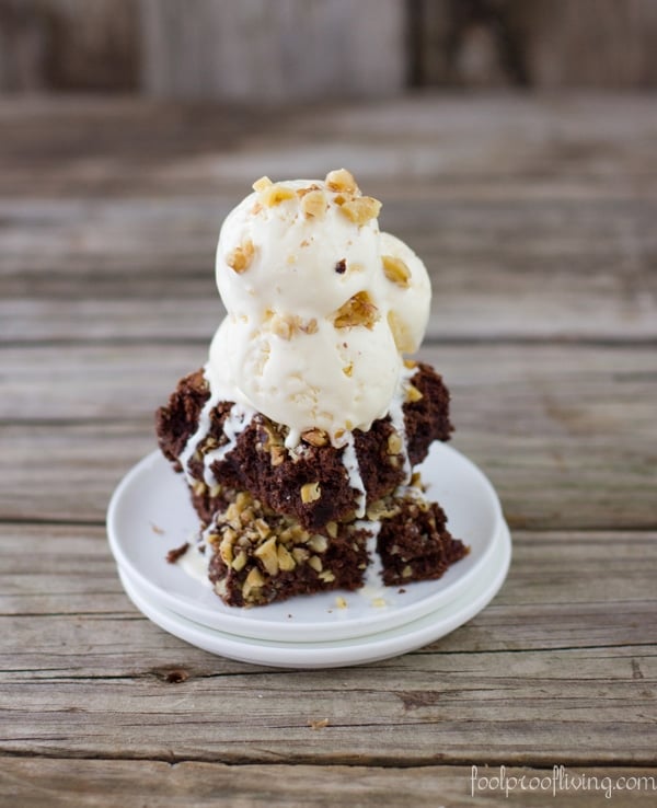 Two cake flour brownies topped off with vanilla ice cream