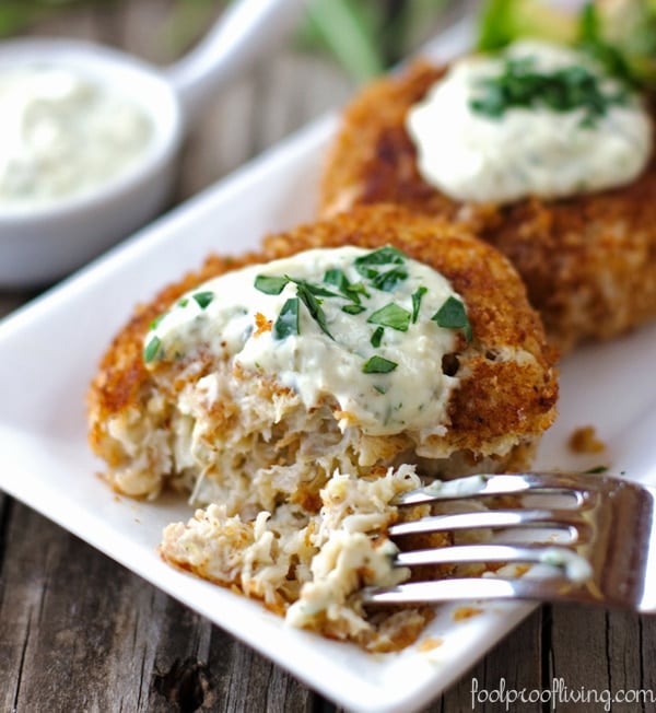 Close view of Crab Cakes with sauce on top