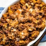 Pumpkin Bread Pudding Recipe in a casserole dish right out of the oven