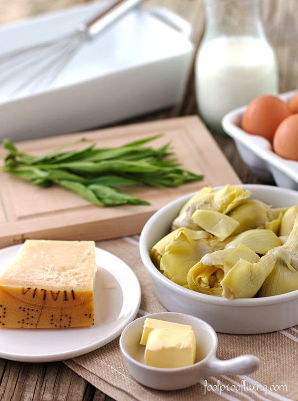 Eggs, Artichoke Hearts, Tarragon, and Parmesan with jar of milk in the background 