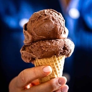 A person is holding chocolate ice cream in her hand.