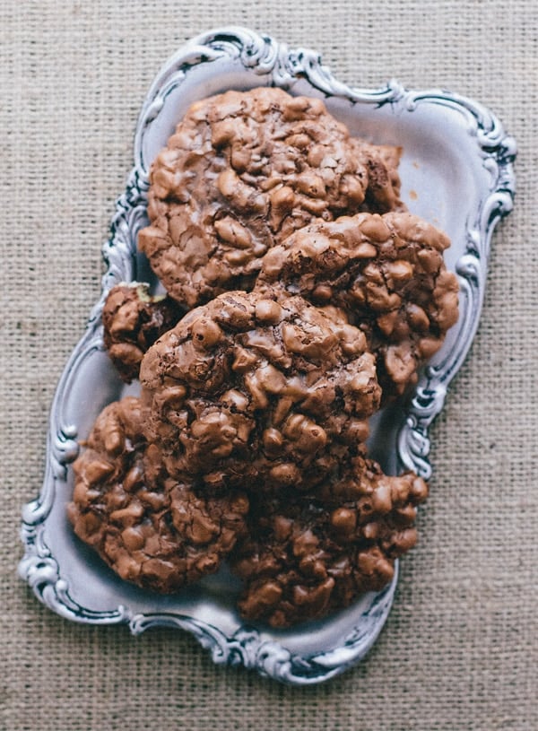 A Tray full of peanut Butter chocolate cookies from the top view