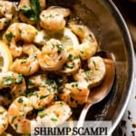 Shrimp with a lemon garlic sauce in a pan from the top view.