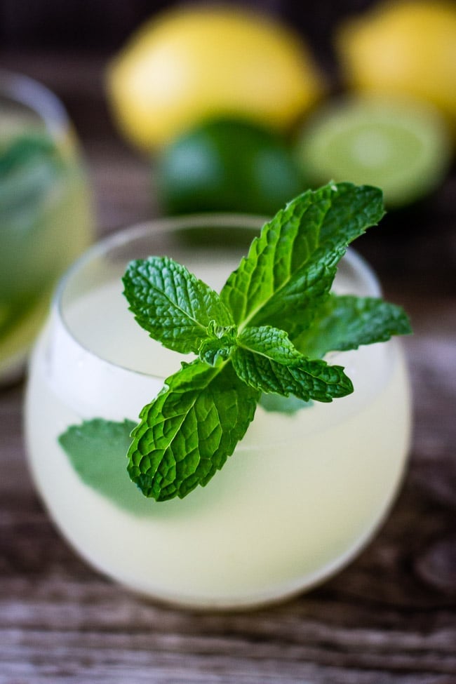 A cup of Ginger Iced Tea Recipe garnished with mint