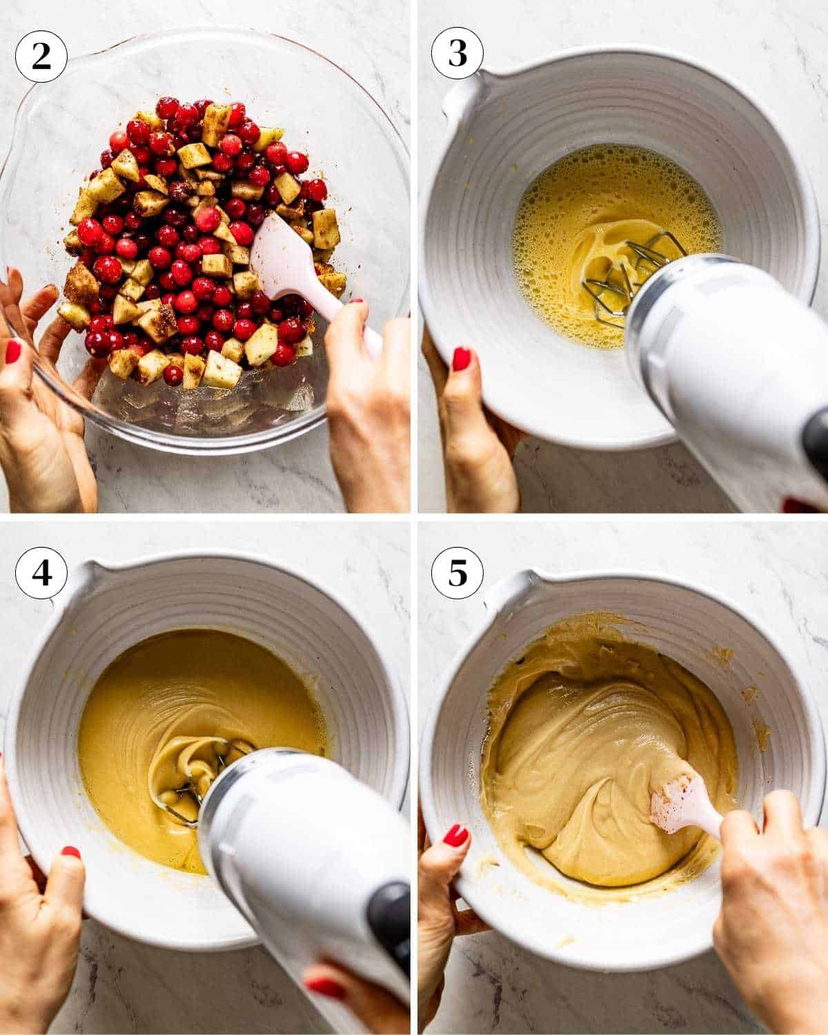 A collage of images showing how to make the batter for this cranberry and apple cake.