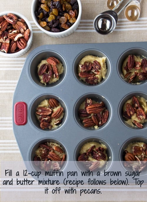 Easy Sticky Buns placed in a muffin tin photographed from the top view.