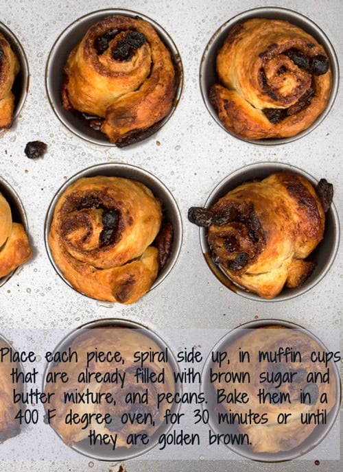 Easy Sticky Buns just came out of the oven served in a muffin tin