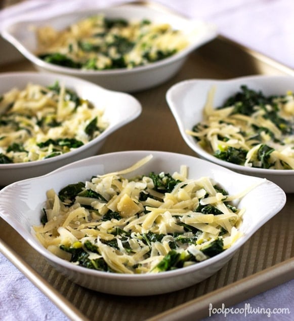 Four bowls of Kale and Leeks eggs