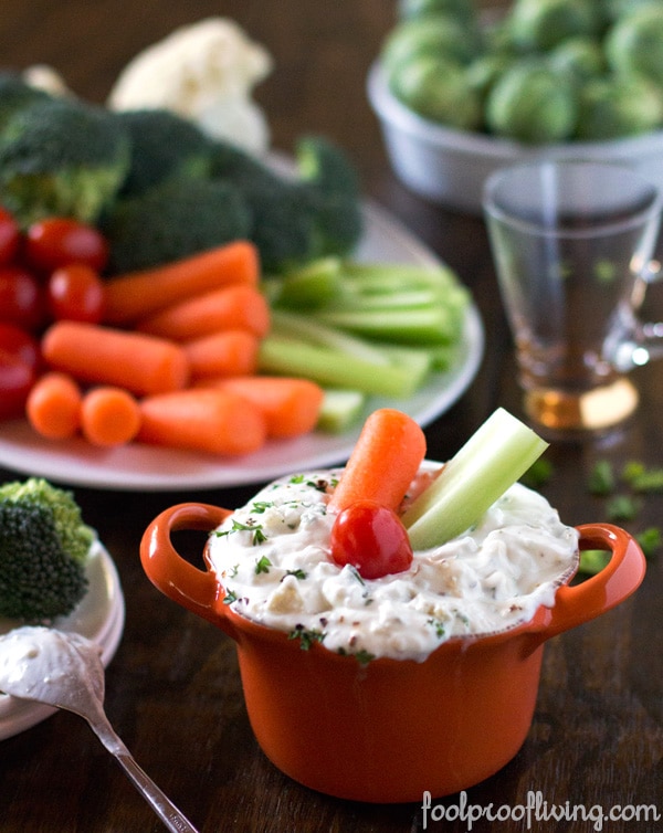 blue cheese dressing without sour cream with veggies dipped in it
