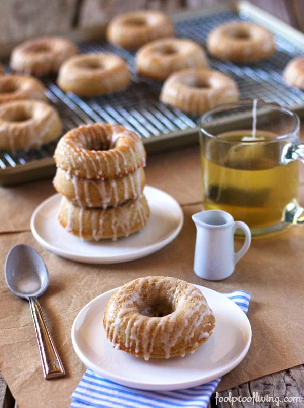 Barefoot Contessa Baked Donuts on a plate with tea in the background