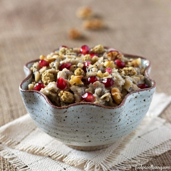 A bowl of Oatmeal with Almond Milk and Chia Seeds - Almond milk oatmeal topped off with fruit and nuts