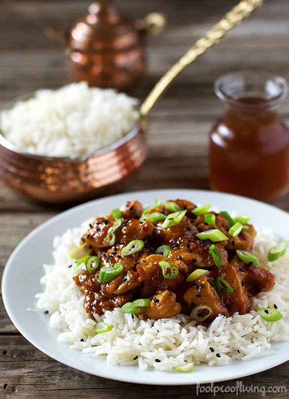 Spicy Orange-Ginger Chicken served over rice