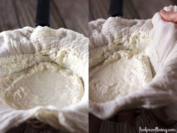 Steps showing how to make ricotta at home - curdled milk being strained