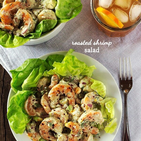 Roasted Shrimp Salad with a beverage in the background