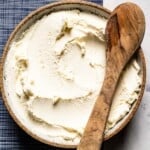 Ina Garten's Homemade ricotta cheese in a bowl from the top view