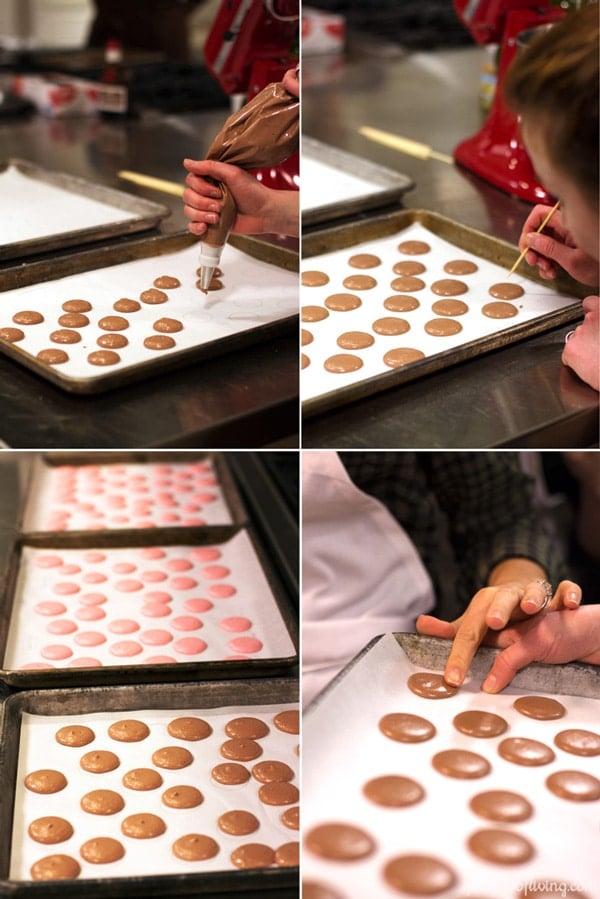 Macaron baking photos of several trays