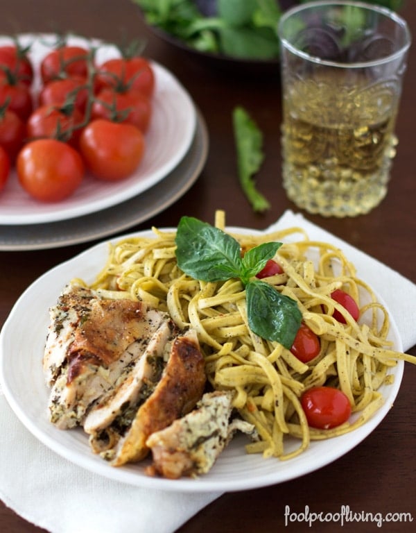 Chicken with Basil and Herbed Goat Cheese with pasta and a glass of wine