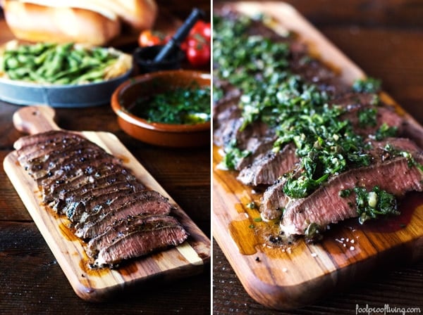 Sliced Chimichurri Steak on a platter with condiments in the background