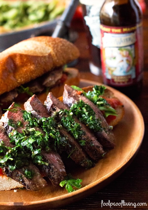 Sliced Steak for Chimichurri Sandwich on a platter