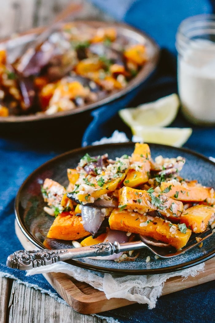 Roasted Butternut Squash Bulgur Wheat plated and photographed from the front view