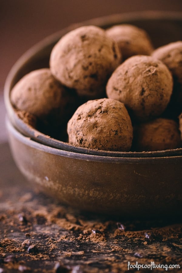 Close up view of Vegan Cocoa Truffles in bowl