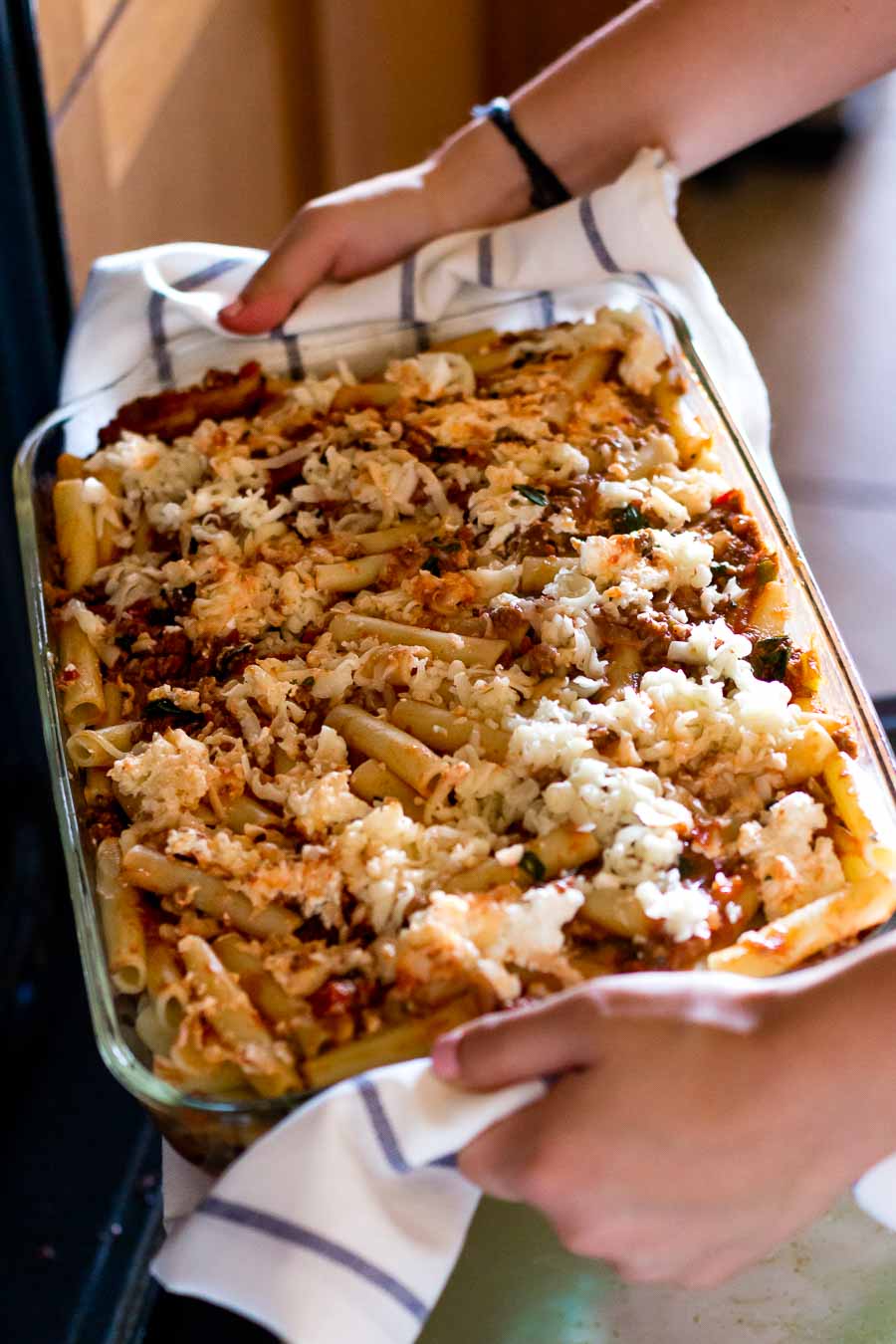 Baked Ziti with ground beef about to go into the oven.