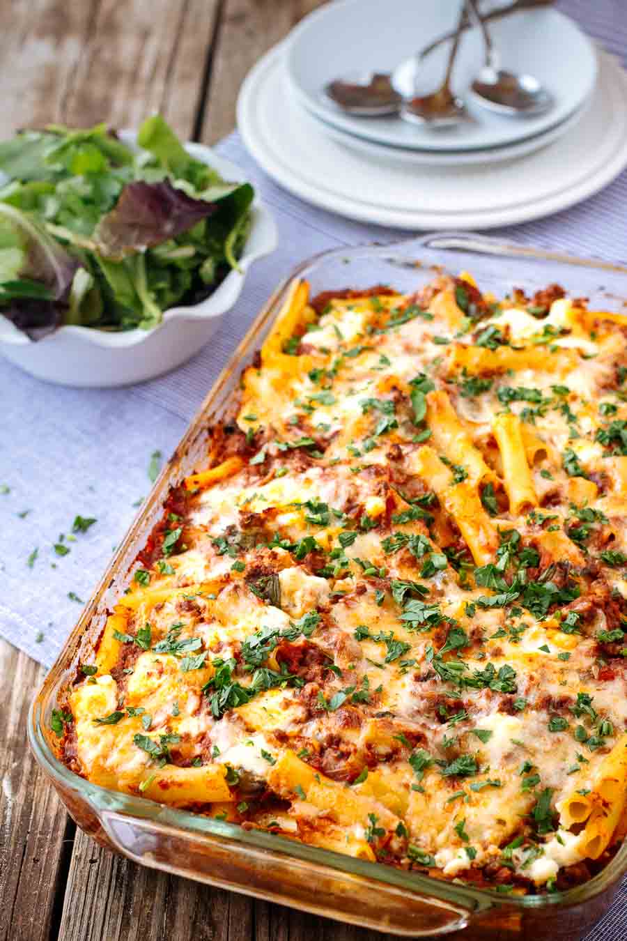 Baked Ziti with Meat Sauce photographed from the front view.