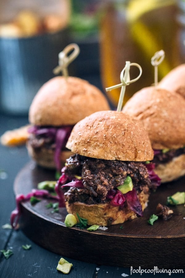 3 Vegan Sloppy Joe's with Wilted Red Cabbage on a platter