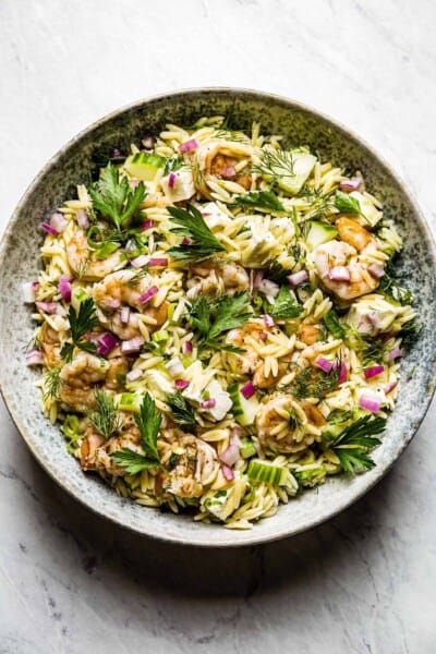 Shrimp Orzo Salad in a bowl from top view