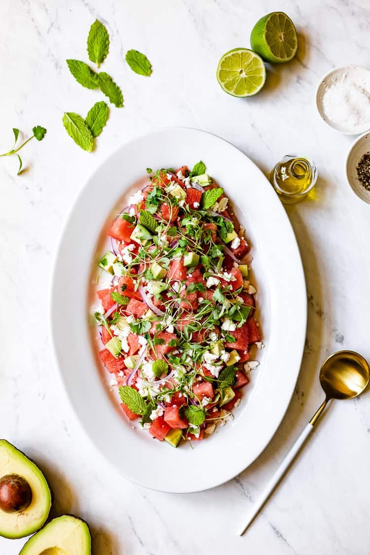 Watermelon and Mint Salad served with avocado on the side