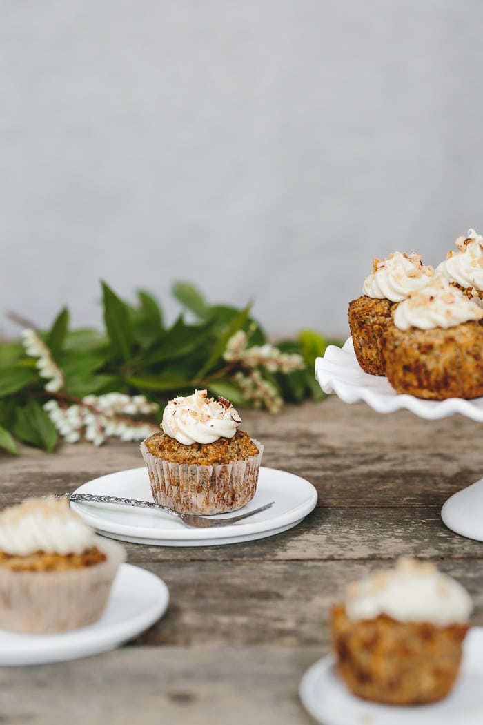 Gluten-free, maple and banana sweetened carrot coconut cupcakes