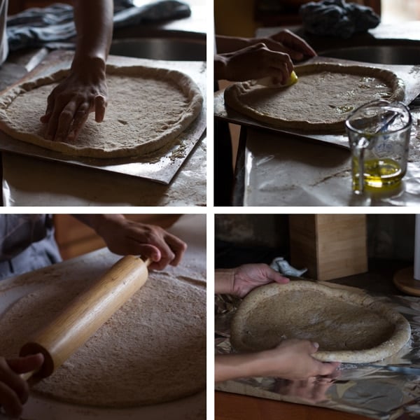 Four scenes of Pizza Crust being prepared with a rolling pin