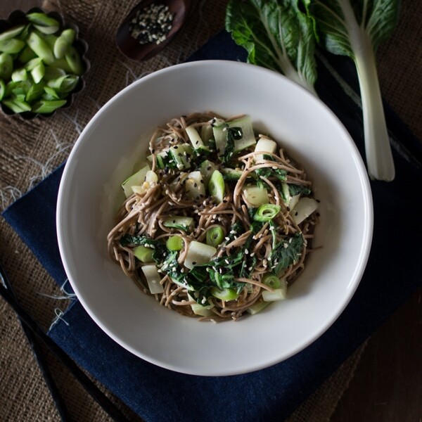 Soba Noodles with Bok Choy and Garlicky Miso-Tahini Sauce in a bowl