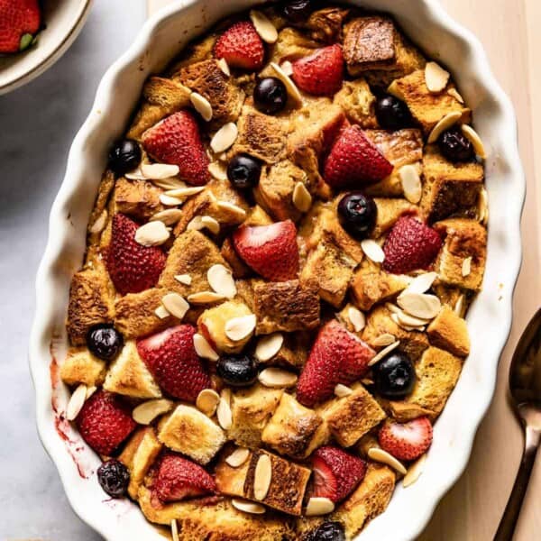 Brioche French Toast Casserole in a casserole dish from the top view.