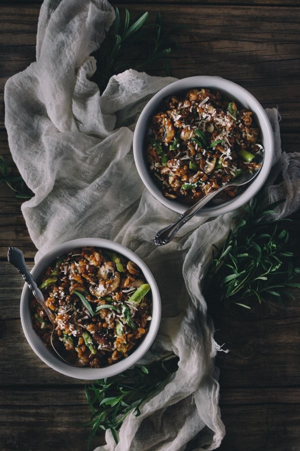 Overhead of two bowls of farro risotto