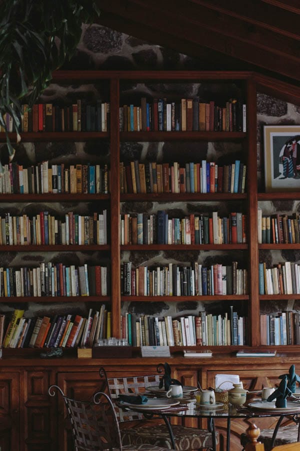 photo of a restaurant with bookshelves