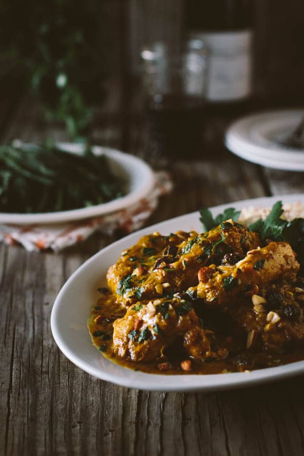 Close up view Curried Chicken on a platter 