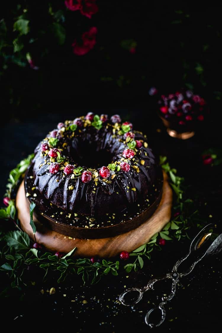 Chocolate Bundt Cake dressed in Christmas for a perfect christmas bundt cake recipes