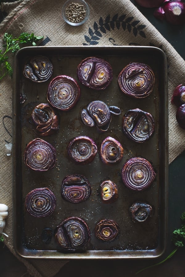 Cooked Red Onions on a sheet pan