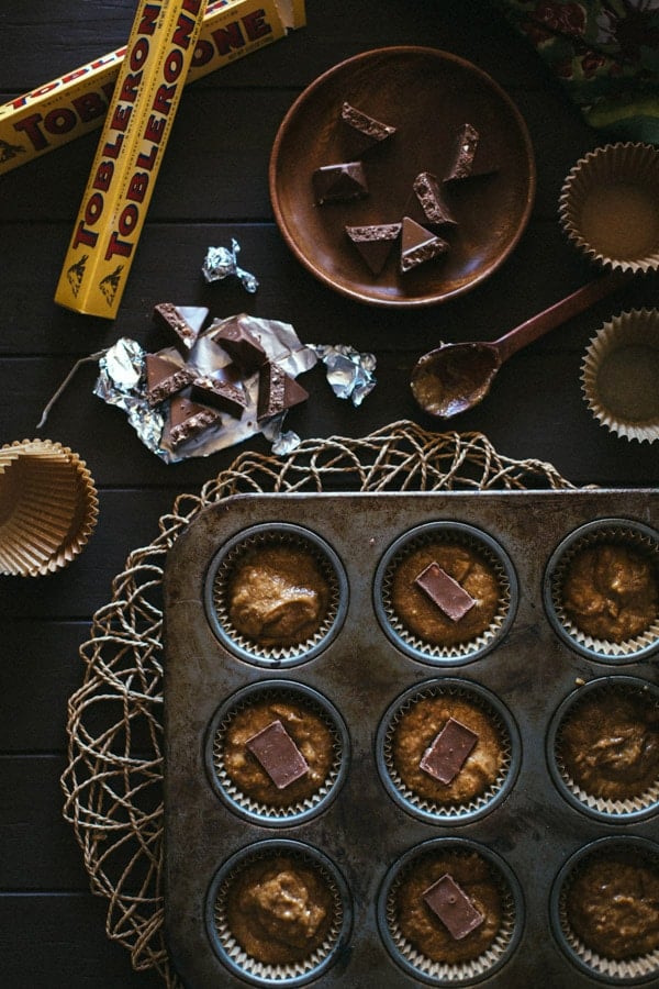 Toblerone on the side for Banana Muffins in a muffin pan