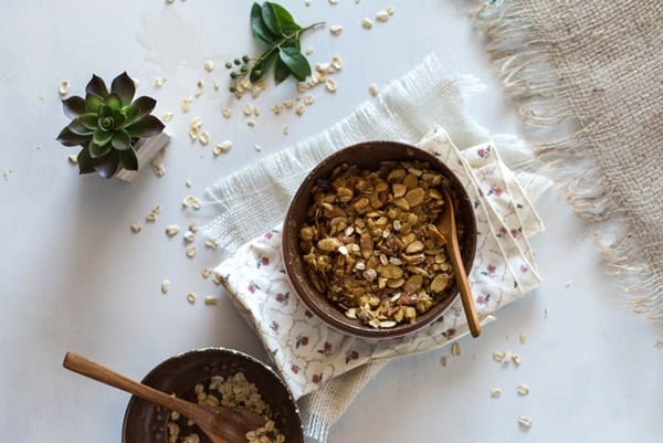 Bowl of Almond and Oat in a bowl on a napkin