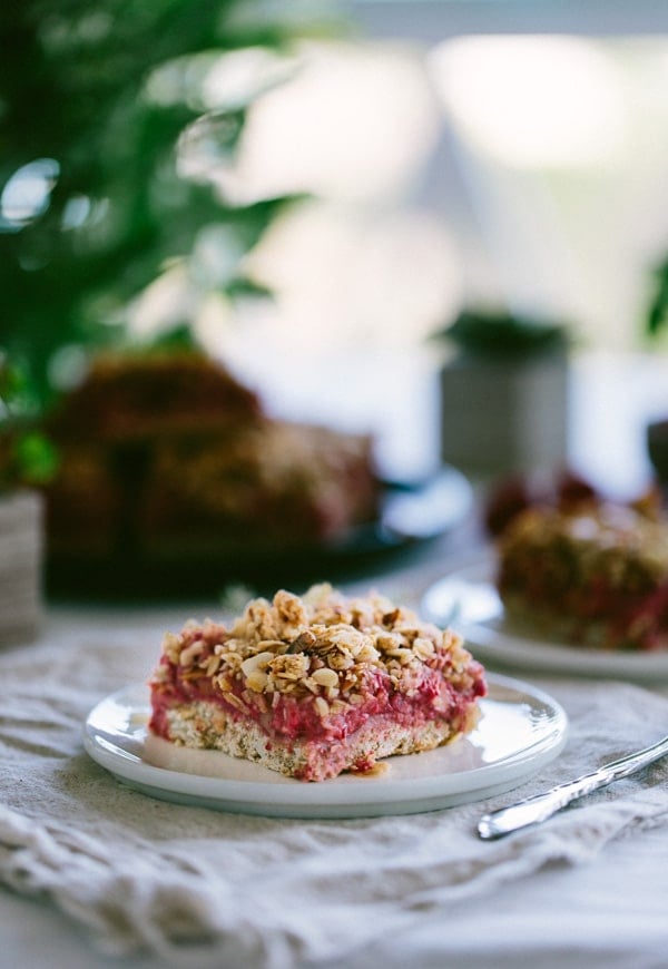 Side view of Almond and Raspberry Breakfast Bar on a plate