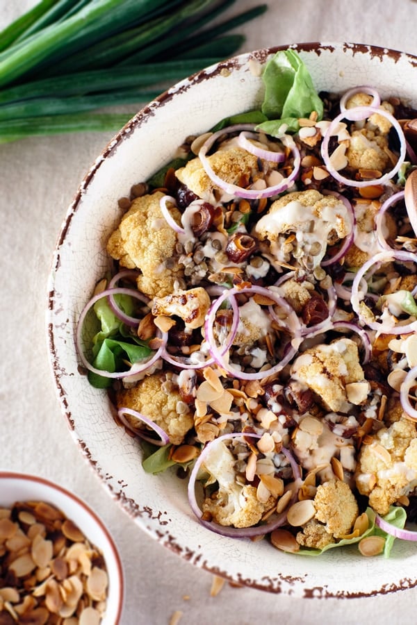 Roasted Cauliflower Salad with Lentils, Dates, and Tahini Dressing