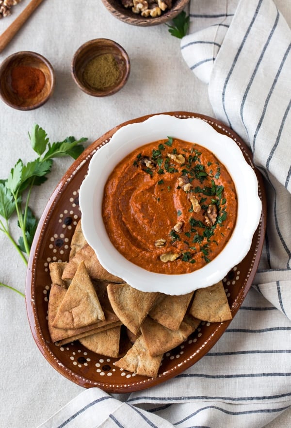 Roasted Red Pepper Walnut Dip photographed from the top view