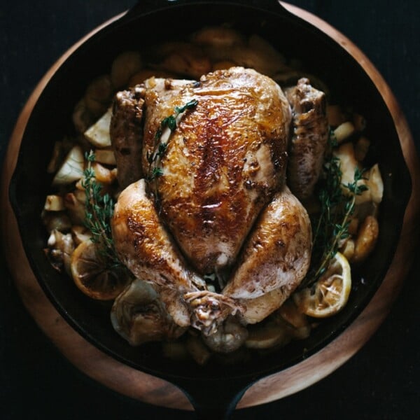 Skillet Roast Chicken with Parsnips and Fennel in a cast iron skillet