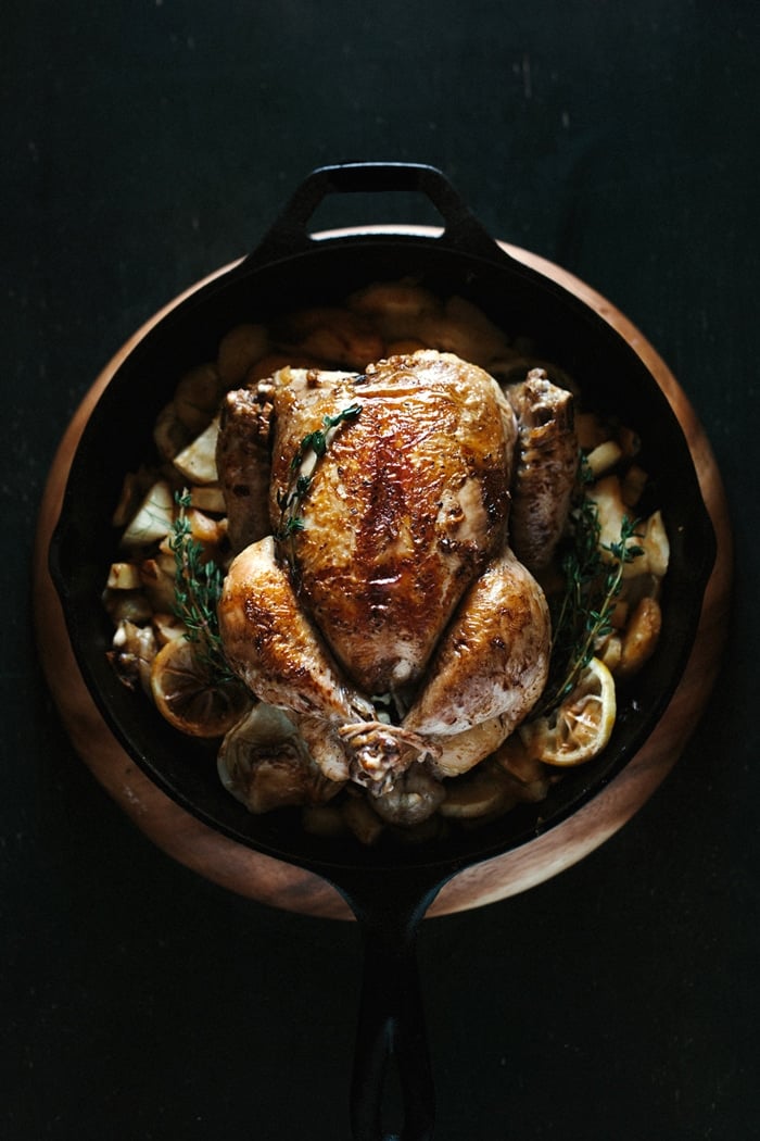 Skillet Roast Chicken with Parsnip and Fennel in a wooden bowl