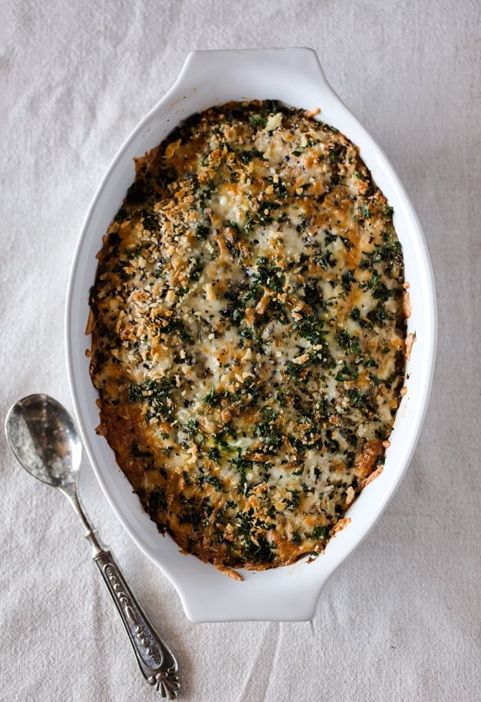 Overhead view of Spicy Cauliflower Gratin with Crunchy Topping